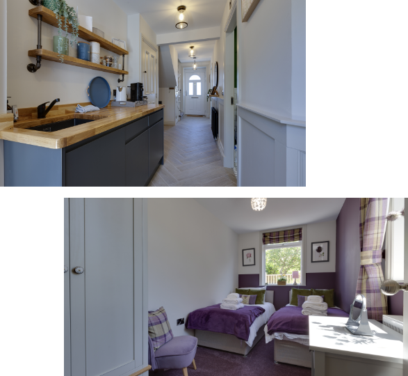 the thistle bedroom and kitchen area of westview holiday cottage in Port William Dumfries and Galloway